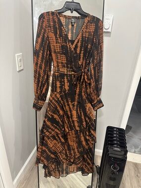 Bar III Black and Rust Orange Tie-Dye Wrap Maxi Dress